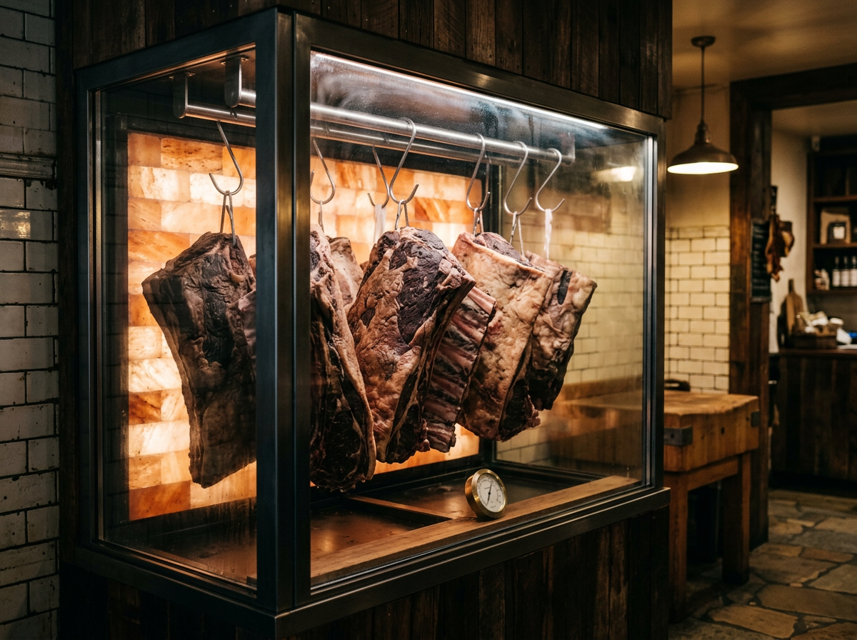 Dry-aged beef primals resting on the rack