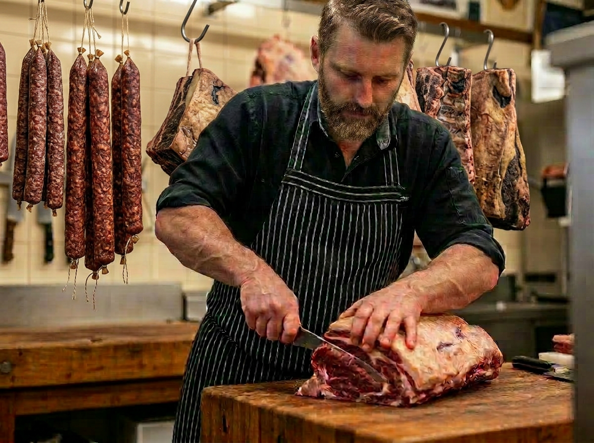 Our butcher in the shop, cleaver in hand